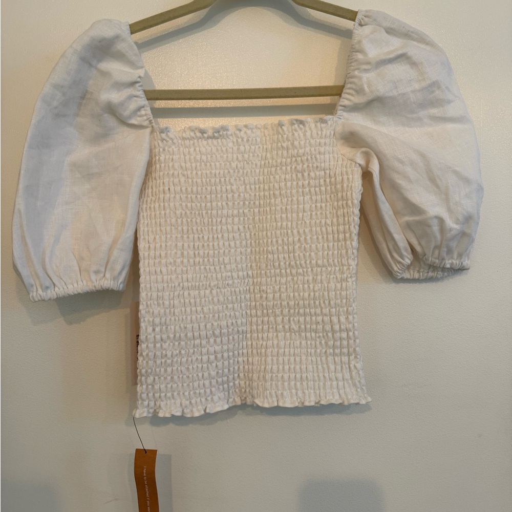 Reformation White Smocked Puff Sleeve Blouse